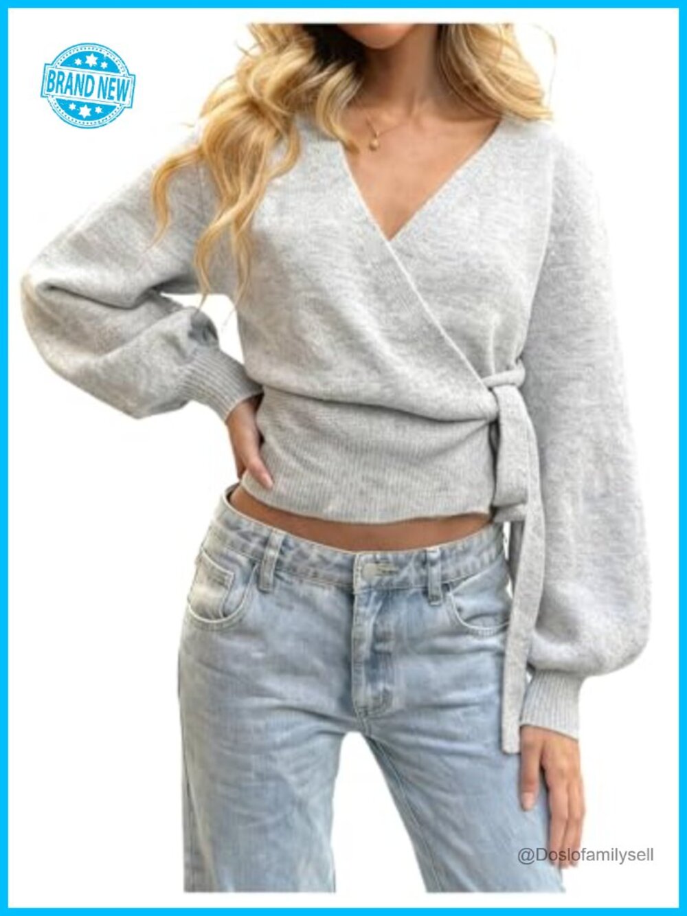 V Neck Wrap Sweater Cardigan Rib Knit Tie Knot Cropped